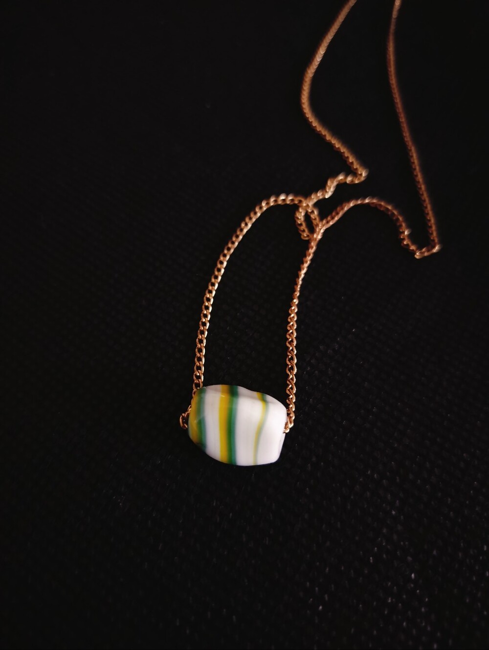 Vintage Striped Glass Barrel Green White Pendant Necklace Gold Tone 18"